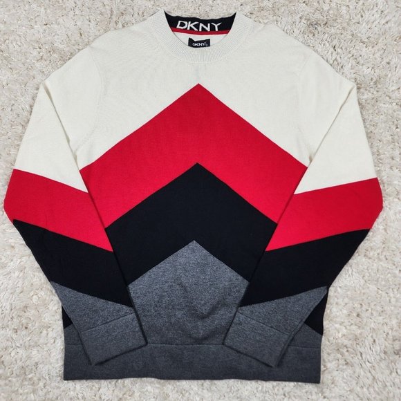 DKNY Other - DKNY Sweater Mens Large Adult Cream Red Knit Multicolor Long Sleeve Cotton Top